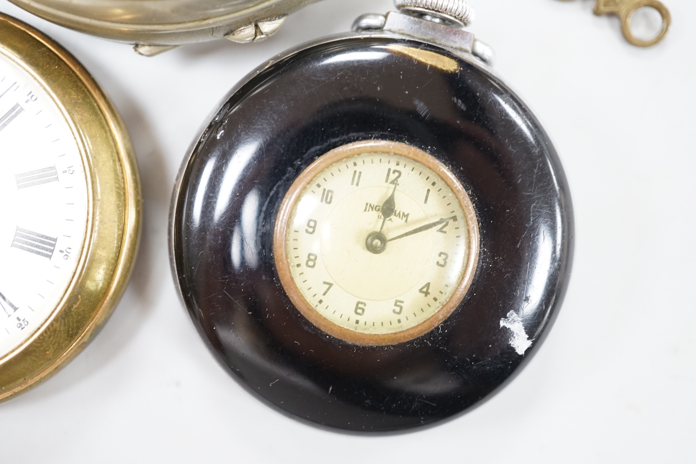 Six assorted gold plated or base metal pocket watches including Goliath calendar moonphase and Russell & Son hunter.